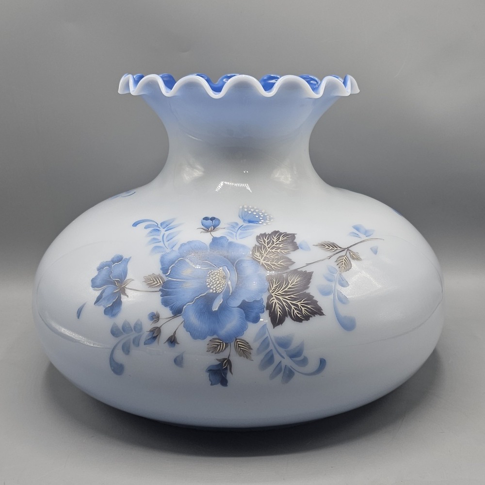 Vintage 10" XL Hand Painted Blue Floral Hurricane Milk Glass GWTW Lamp Shade
